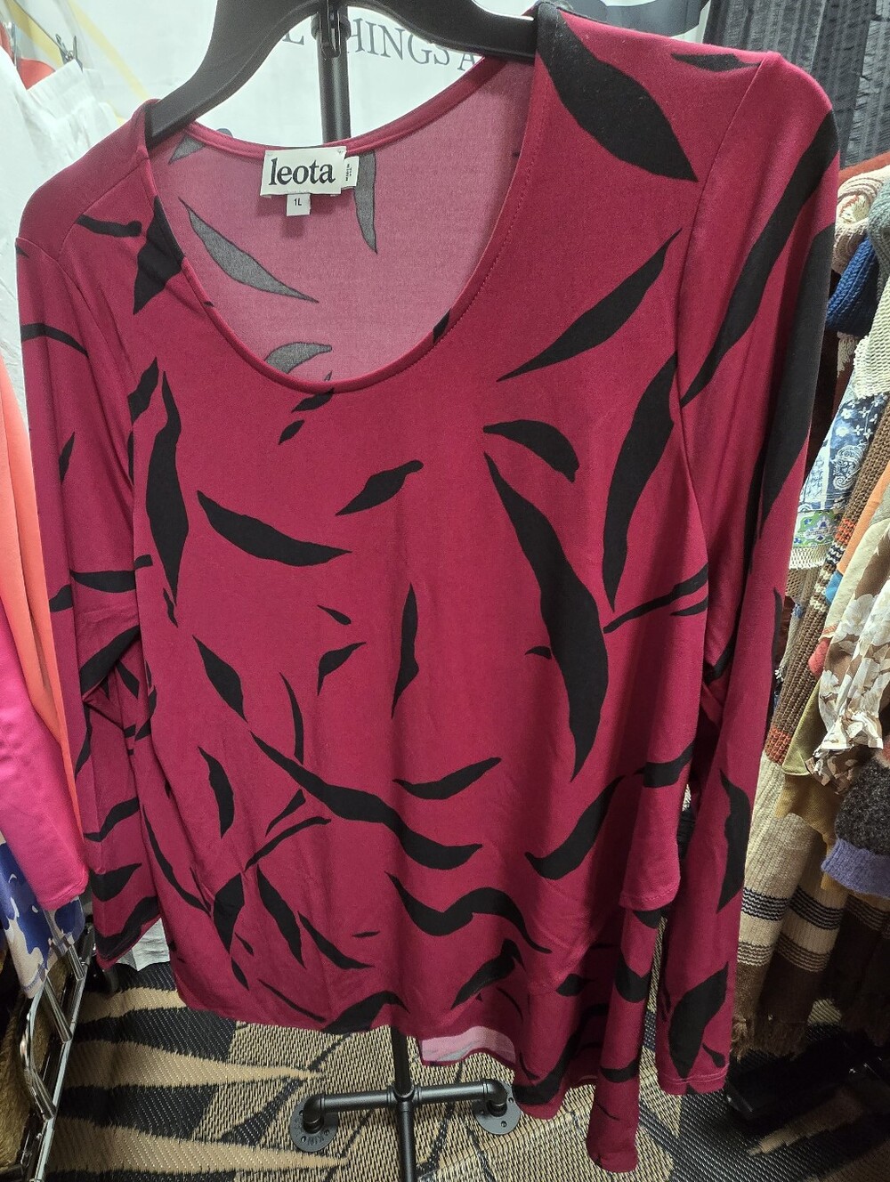61 Leota Berry Long-Sleeve Scoop Neck Top with Black Abstract Print